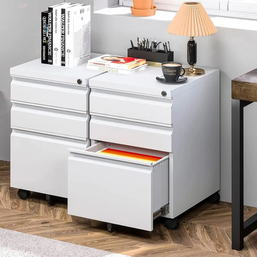 Under Desk Rolling Filing Cabinet with Lock, White, Suitable for Legal/Letter/A4 Files, Fully Assembled