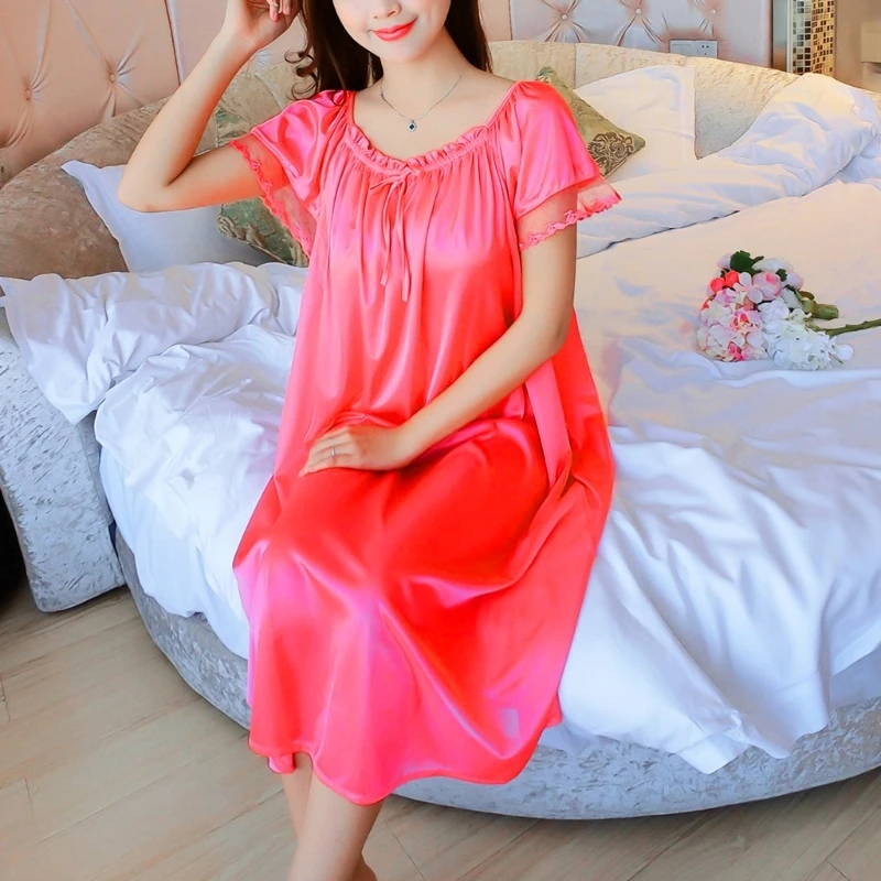 Womens Summer Lace Ice Silk Nightdress Short Sleeve Loose Nightgown XL Dropshipping