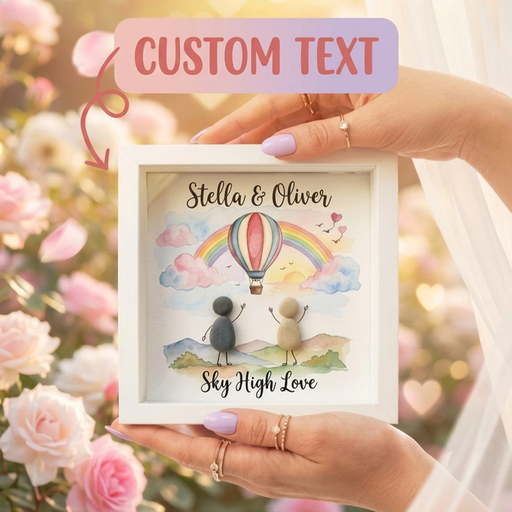 Personalised Custom Couple Pebble Picture Frame,Custom Names Phrase,Hot Air Balloon Rainbow Waving,Romantic Souvenir,Valentine