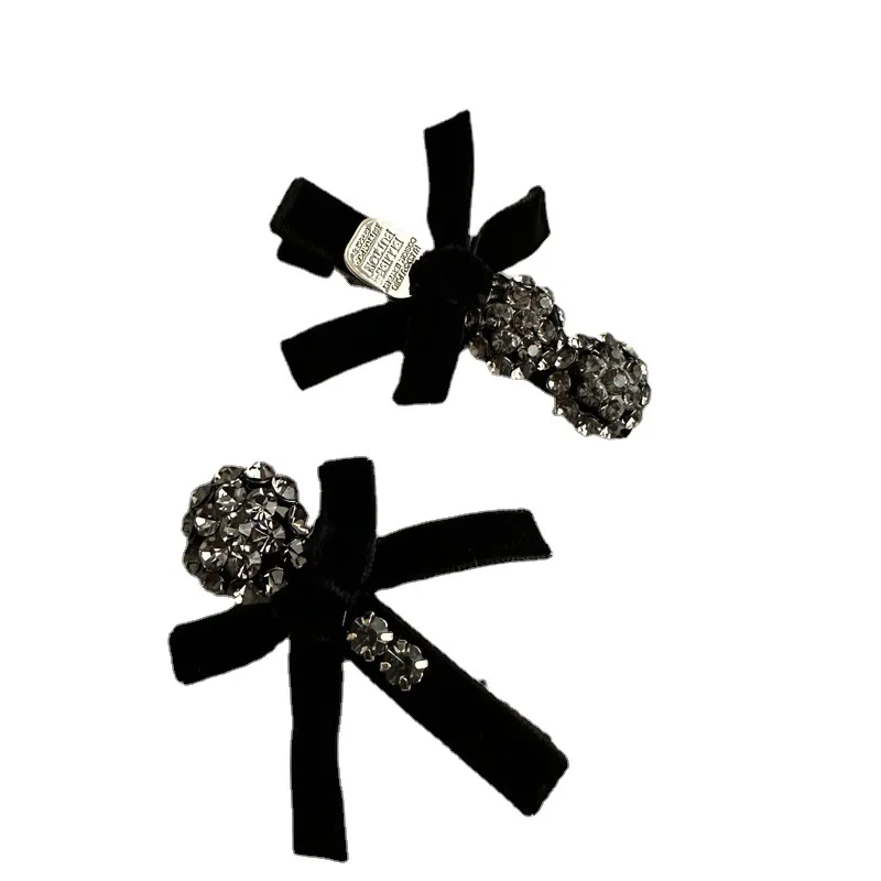 Rhinestone Black Velvet Bowknot Duck Mouth Clip Versatile Hair Ornament Autumn and Winter New Premium Small Hair Clip Headwear