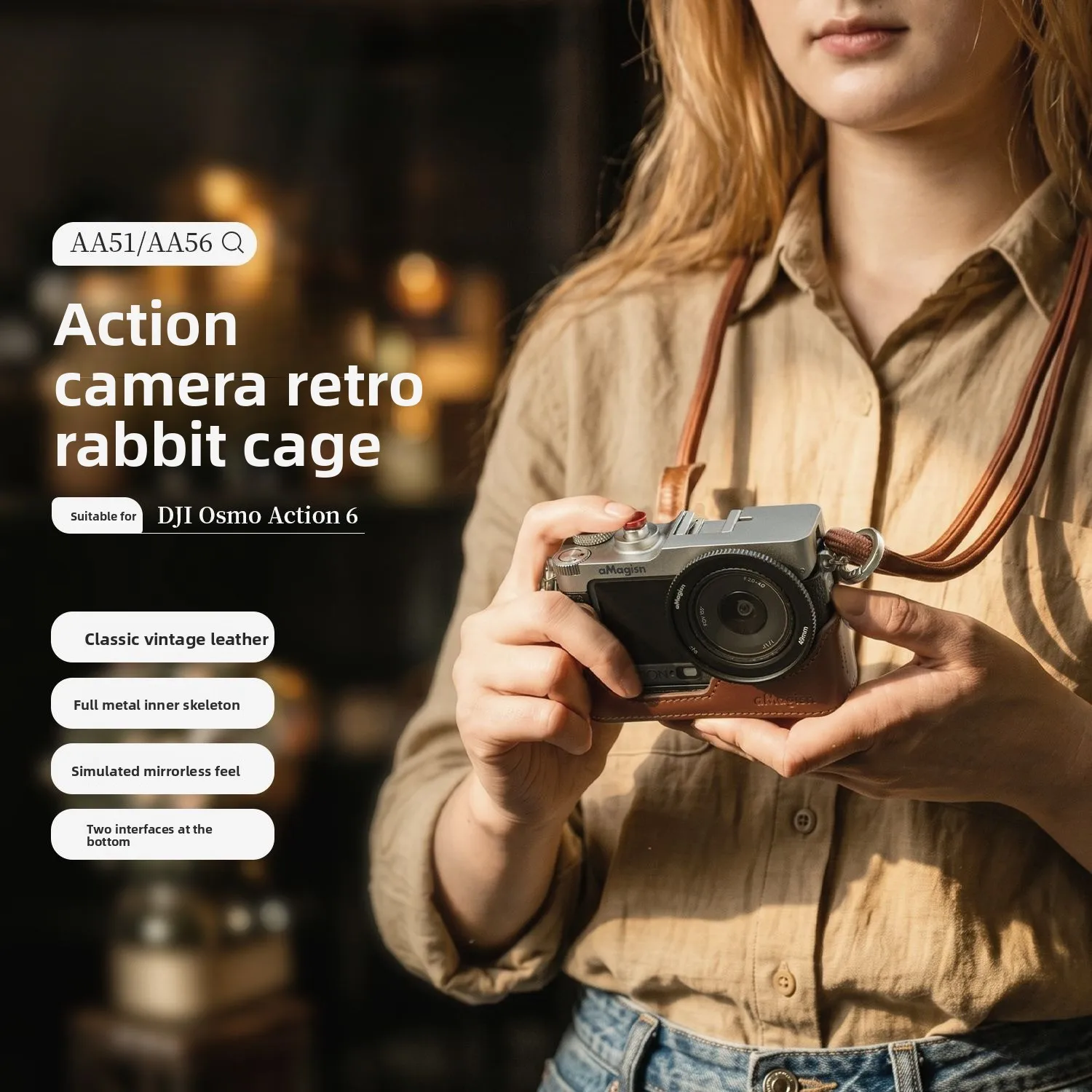 Retro Camera Cage for DJI Osmo Action 6 Protective Frame with Wrist Strap 49mm Lens Adapter Ring Handheld Camera Accessories