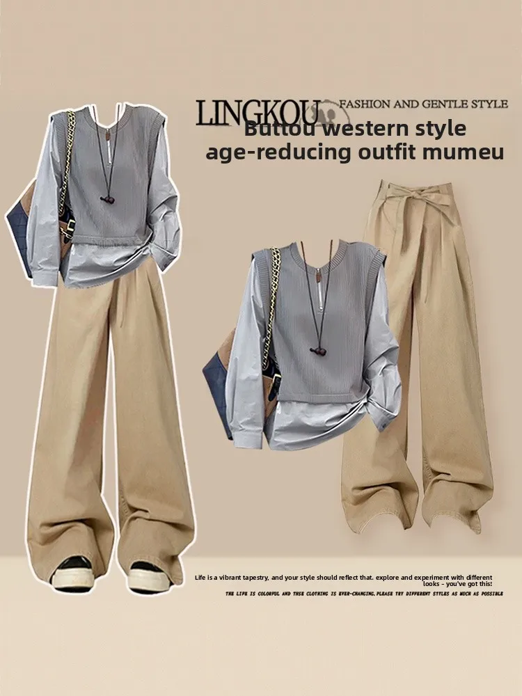 

Элегантный осенний комплект больших размеров: женский повседневный деловой костюм в корейском стиле из двух предметов с эффектом похудения