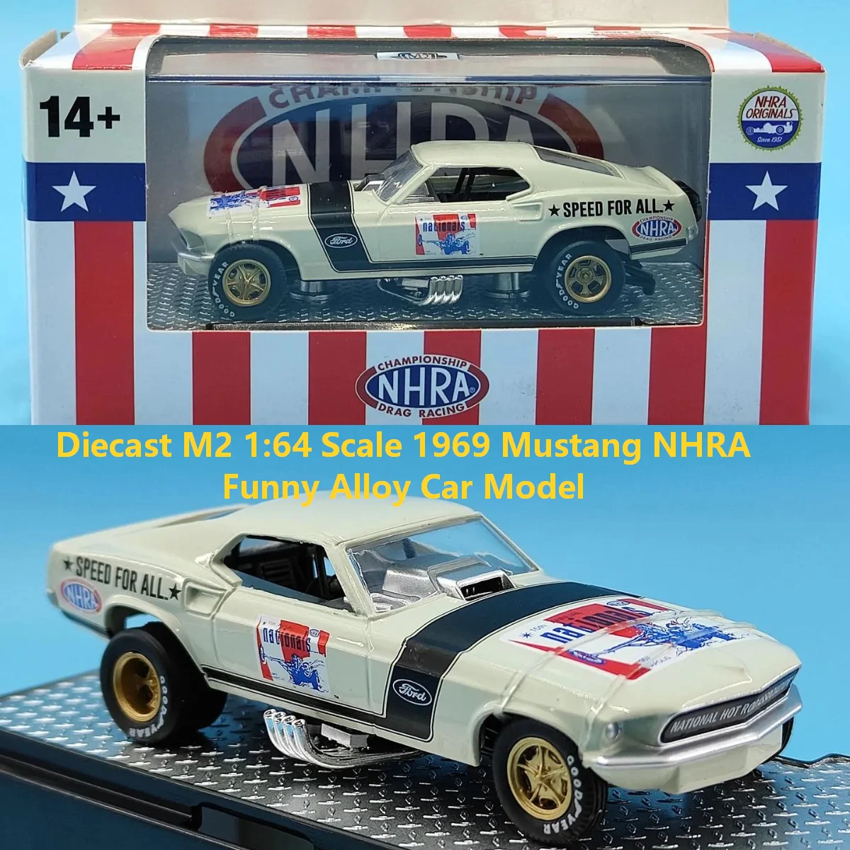 Modelo de Auto de Aleación Fundida a Presión M2 Escala 1:64, Mustang NHRA 1969