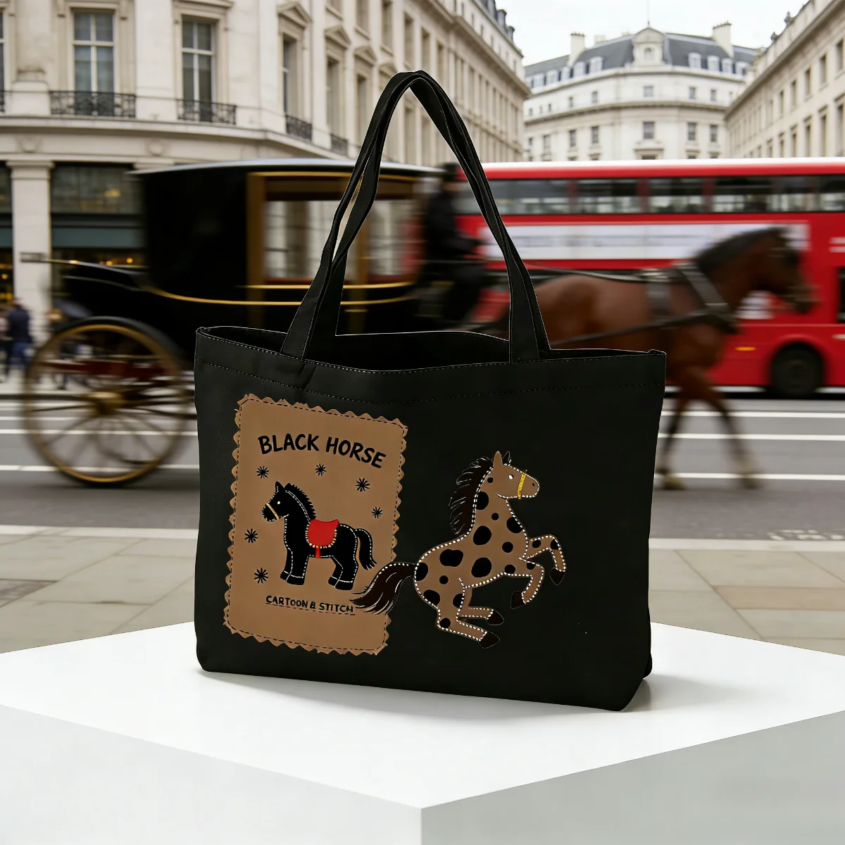 1PC Black Unisex Large Capacity Canvas Shoulder Bag Portable Commuter Student Bag 2D Flat Pattern Horse Design Outdoor