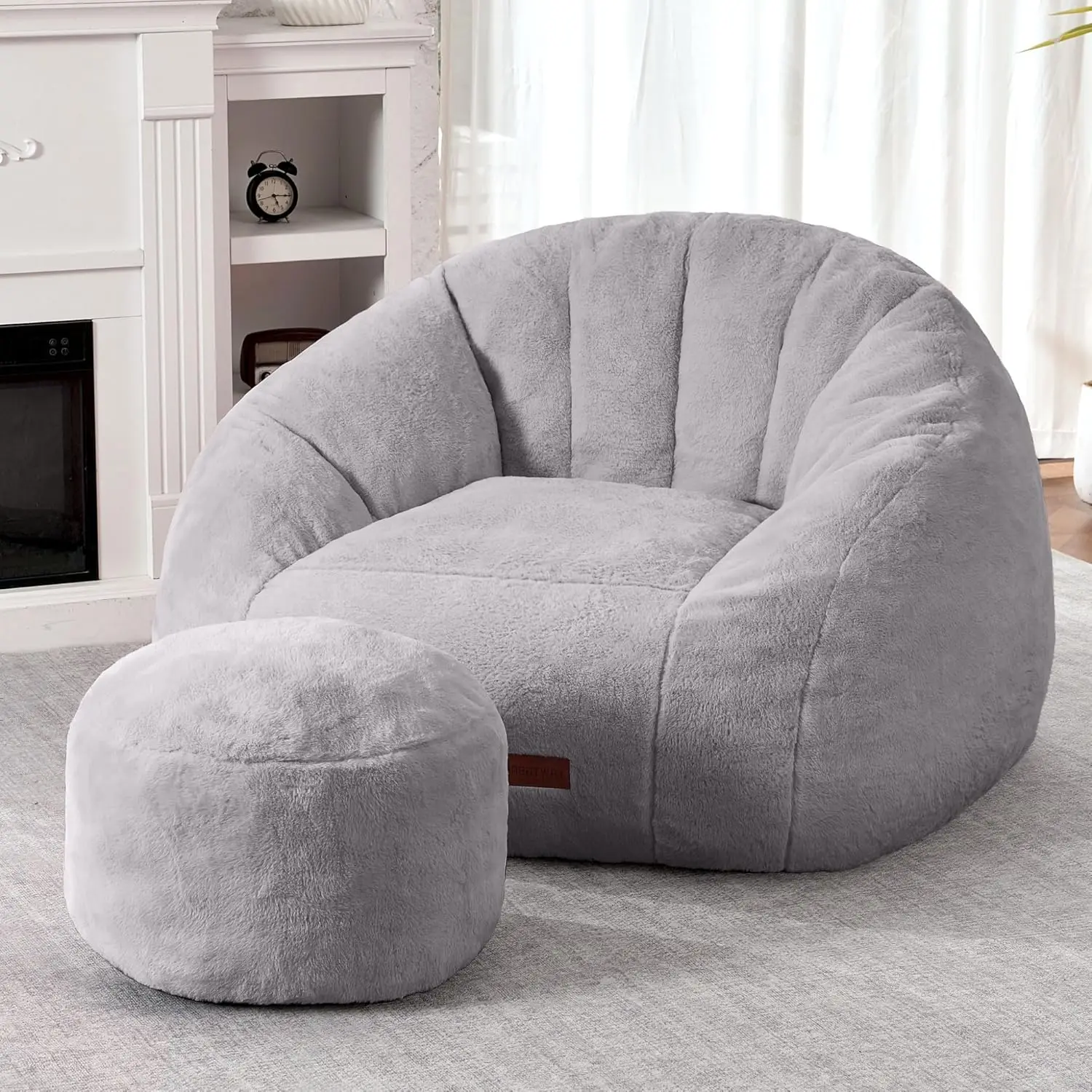 Bean Bag Chair, Giant Bean Bag Chairs for Adults with Ottoman, Comfy Faux Fur Shell-Shaped Bean Bag Couch, Sofa Chair, Grey