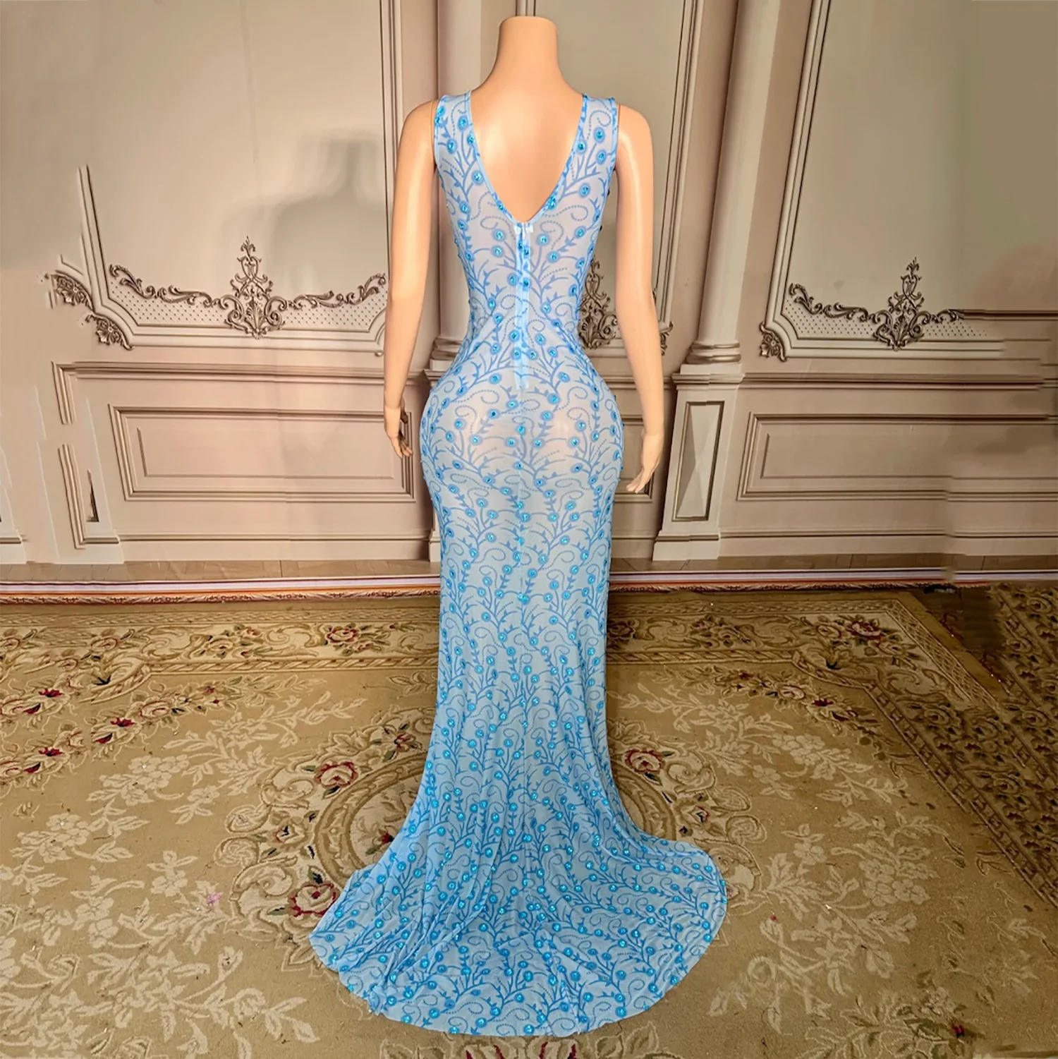 Women luxury Evening Party Prom Gowns Sky Blue Sleeveless Open Leg Printed Diamonds Mesh Long Dress Birthday Celebrity One Piece