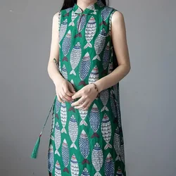Vintage Women Dress Cotton Linen Style Summer 2024 Sleeveless Loose Waist Button Fish Printed Dress Robe A-Line Mid-Calf Dresses