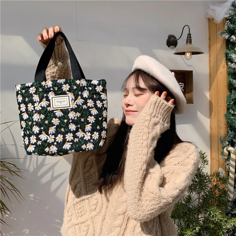 Daisy Embroidered Handbag for Women Canvas Ladies Floral Casual Small Tote Luxury Designer Reusable Shopping Bags Purses