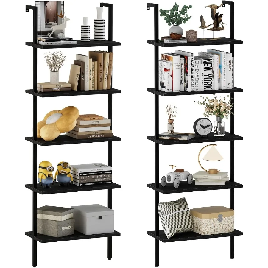 Estante aberta de 5 camadas, 2 peças, madeira, montagem na parede, preta, rack de armazenamento com estrutura de metal moderna industrial, design para kit de escritório