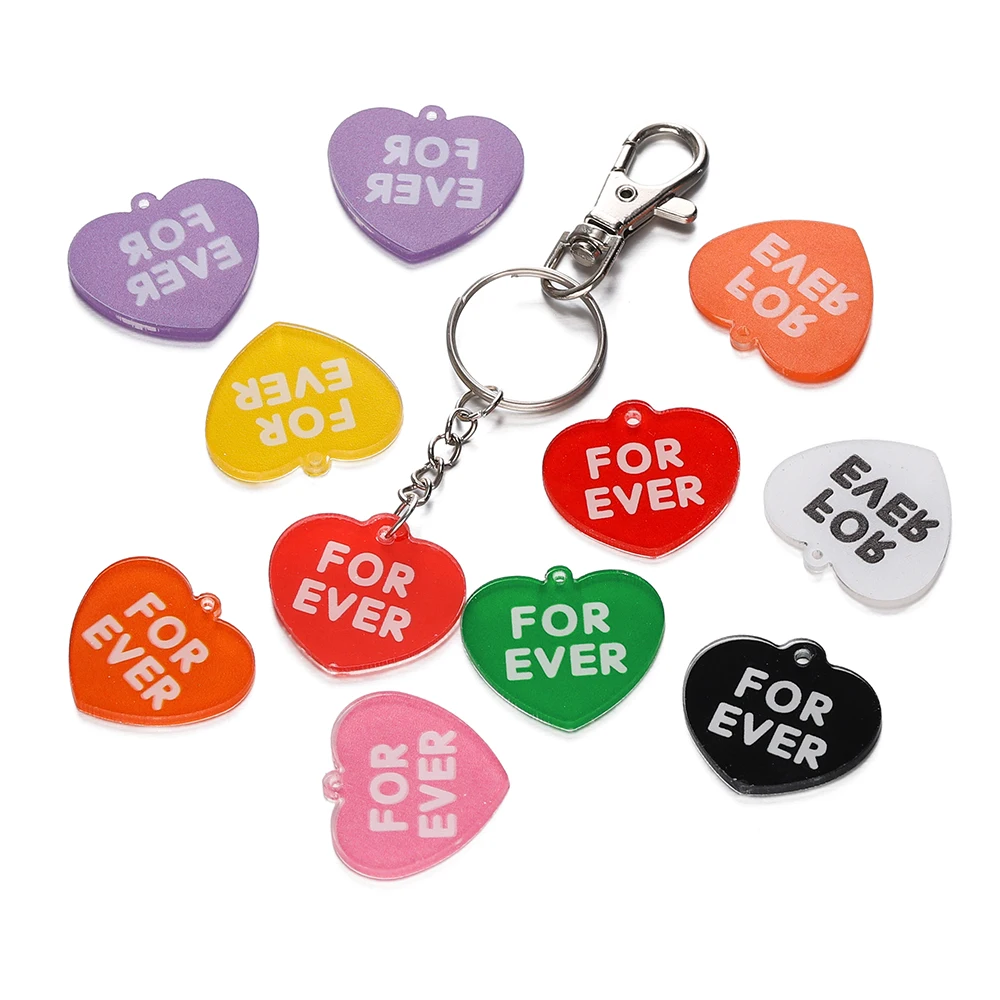 10pcs/Lot 27.5x30.5mm Acrylic Heart Pendants Forever Painted Pattern Pendants for DIY Keychain Decors Jewelry Making Accessories