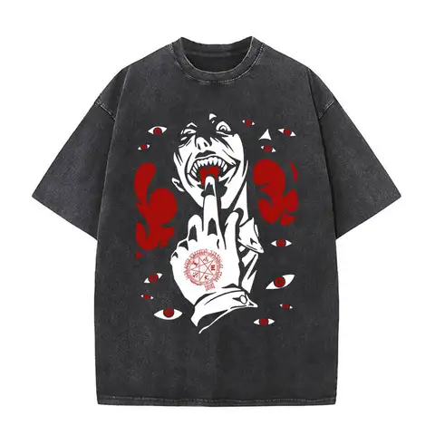 Tvättade vintage anime Hellsing Abraham Van Helsing vampyr Alucard dubbelsidigt tryck t-shirts herr 90-tals manga överdimensionerade t-shirts 10 best sales Carl 3 Essentials Hoodie - №1