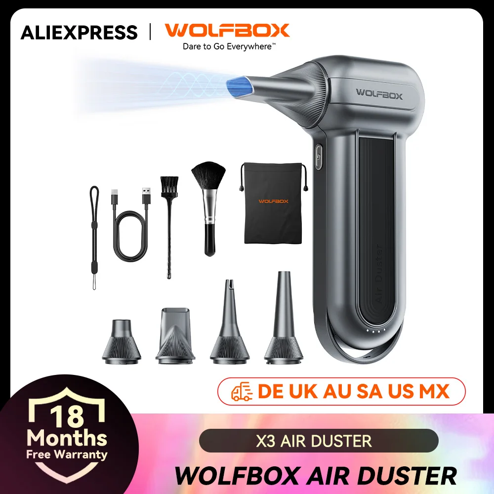WOLFBOX MF100 elektrische luchtstofdoek luchtblazer - 150000 RPM Super Power, oplaadbare borstelloze motor met 3 versnellingen voor auto/pc/thuis/buiten