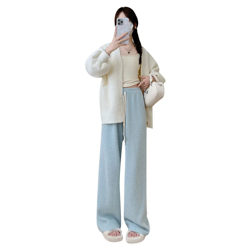 الأبيض واسعة الساق السراويل الربيع سراويل نسائية مستقيم الساق كسول نمط عالية الخصر سراويل تقليدية سليم صالح المنك المخملية الدبق الأرز Pa #5