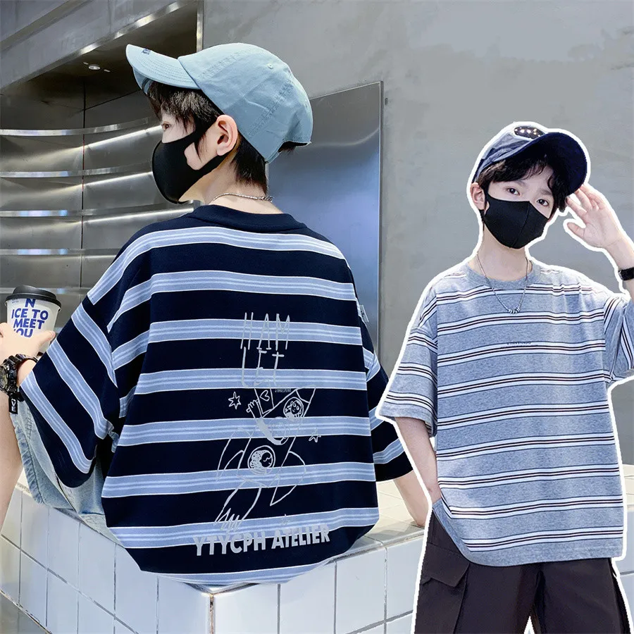 

Kids Child y2k Street Tees Tops New Summer Boys Fashion Short Sleeve Cotton Striped T-shirts Student Casual Tshirt 5 6 8 12 14Y