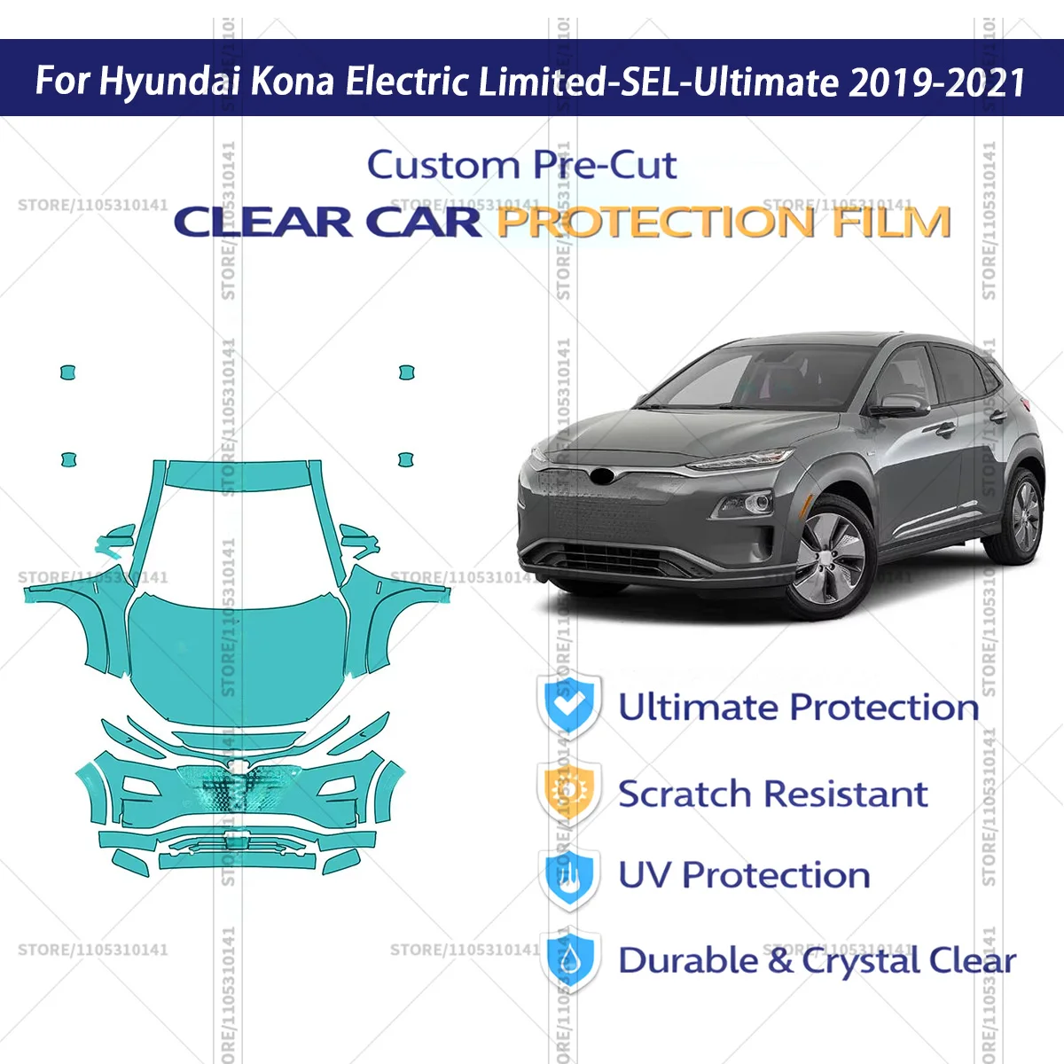 Pre-Cut Paint Protection Film PPF Transparent Car Film Automotive PPF For Hyundai Kona Electric Limited-SEL-Ultimate 2019-2021