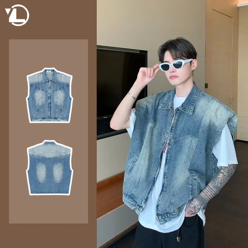 American Sleeveless Denim Jacket Mens Hip Hop Trend Washed Loose Cowboy Vest Y2K Gradient Zipper Lapel Street Punk Couples Tops