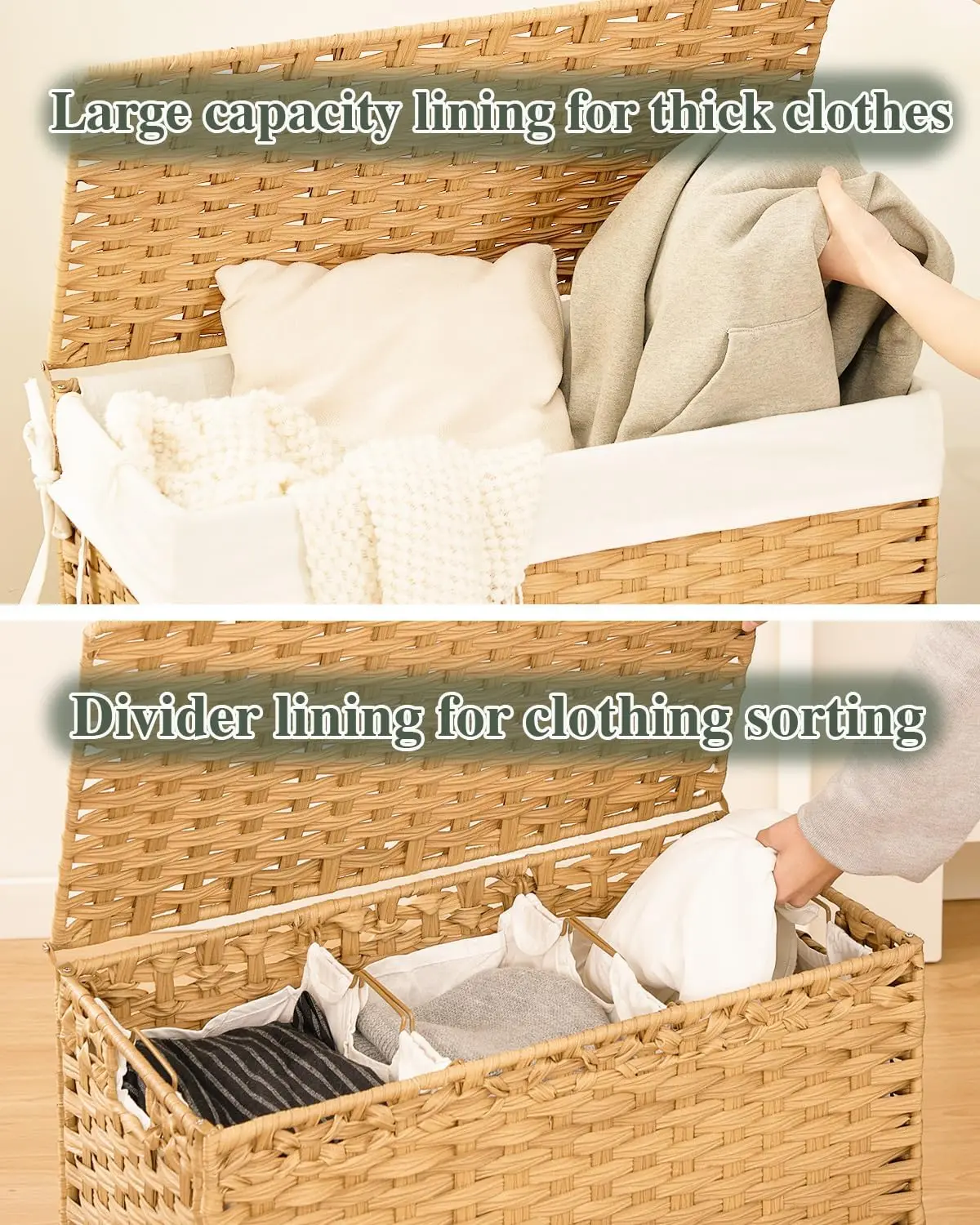 132L Wicker Laundry Hamper with Lid, Handles & Removable Liner Bags, Natural Rattan Basket for Bedroom