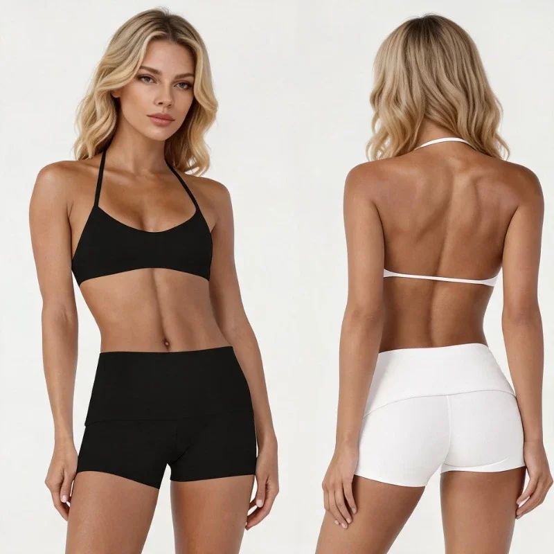 CS+B Women Halter Sports Bra Fold Over Waist Biker Shorts Leggings Naked Feel Tummy Control Gym Yoga Pilates Fitness Activewear