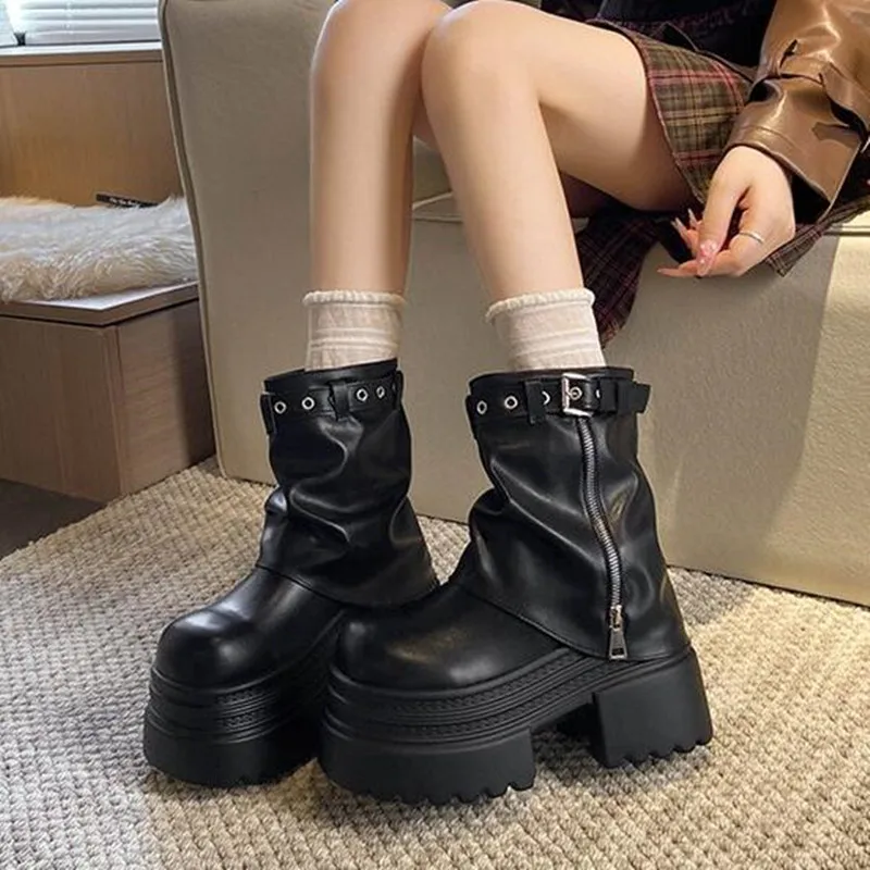 Women's Platform High Heels Boots 2027 Designer Leather Shoes Winter Zip Chelsea Short Boots Trend Motorcycle Boots Woman Pumps