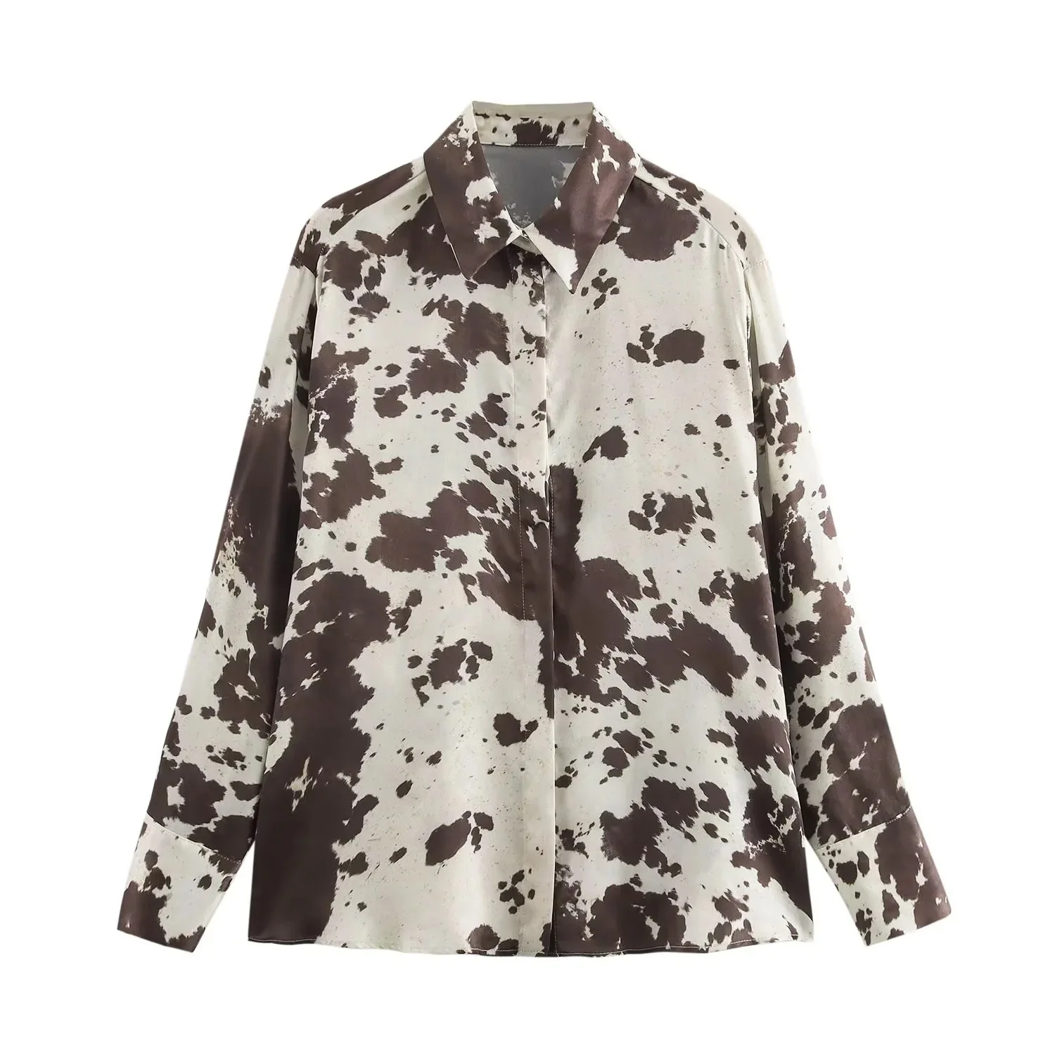 Women's Animal Print Shirt Silk-Look Skirt Set With Belt Cow Print Satin Long Sleeve Button Up Shirt And High Waist Skirt 7RQJ