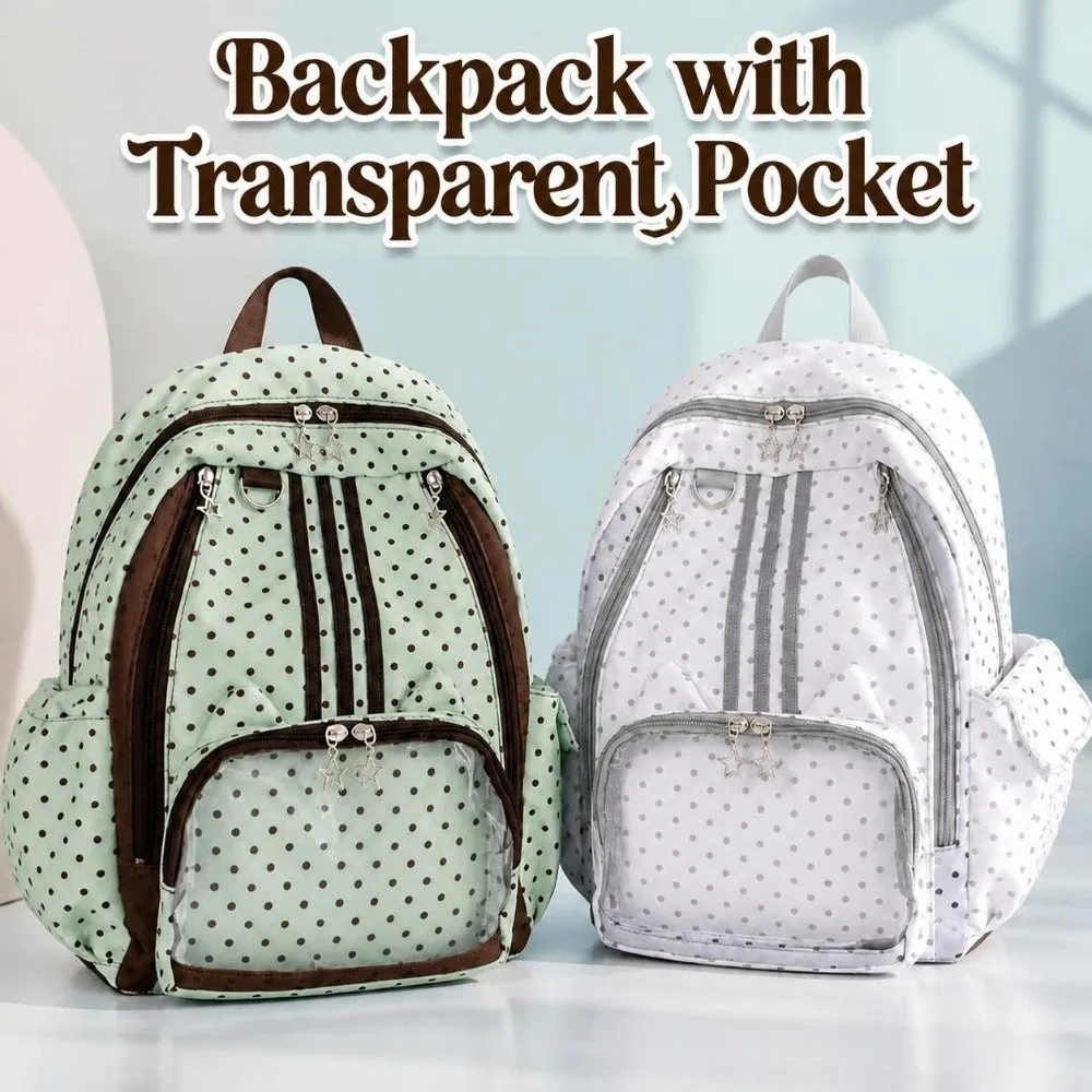 Lovely Polka Dot Student Backpack Transparent Pocket Lightweight Rucksack Durable Multi‑pocket Backpack Teenagers