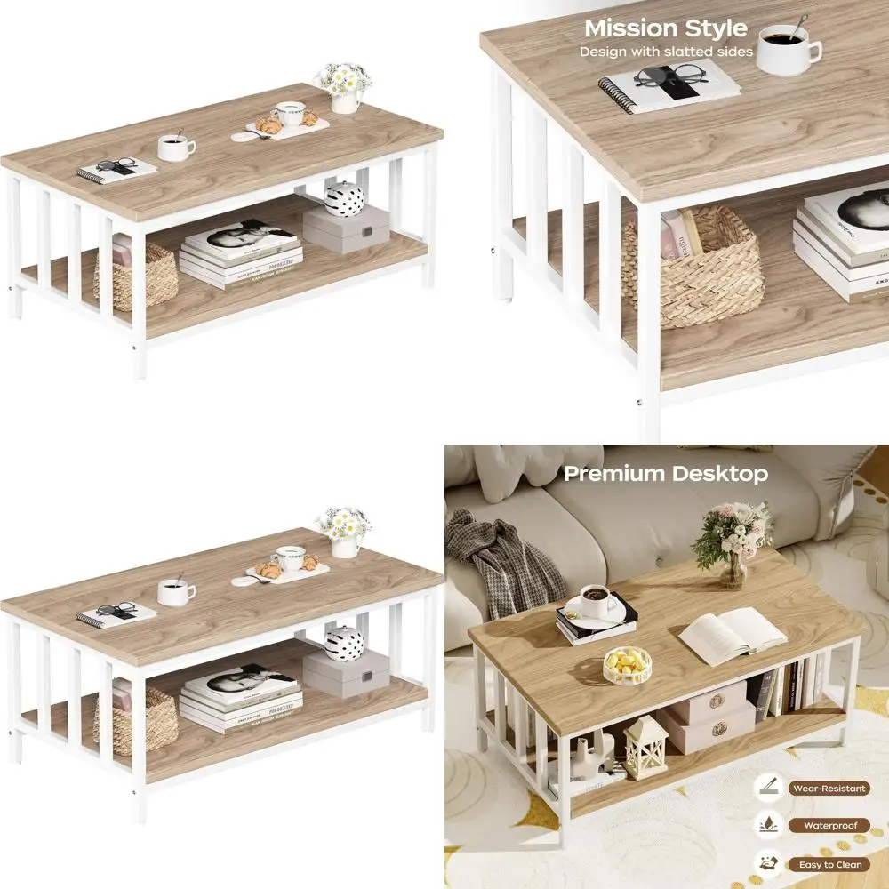 

Modern Farmhouse Coffee Table with Slatted Sides and 2-Tier Shelf, 39 Light Coffee for Living Room and Home Office