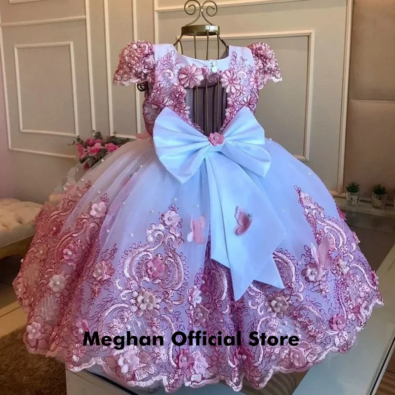 Luxury Baby Girl Birthday Dress Lace Pearls Infant Applique Dress Princess Flower Girl Dress Prom Ball Appliques With Bow Gown