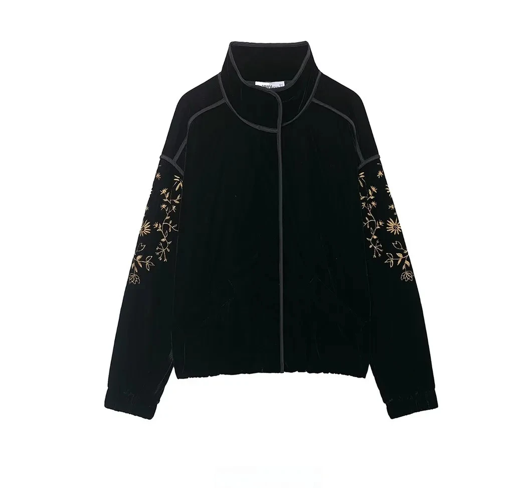 

New Women's Fasion Embroidered Velvet Cotton Jaet Coat Long Zipper Closure Plant Floral Pattern Winter Oute