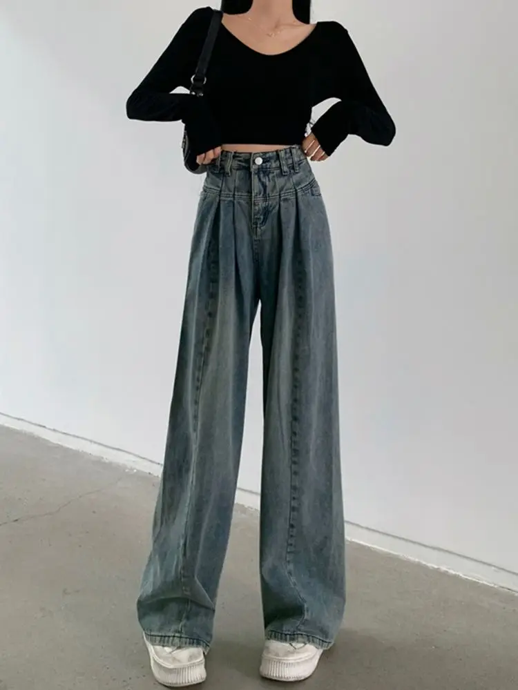 Blue Baggy Jeans Women Y2K Gyaru Oversize Wide Leg Denim Pants Korean Style Kpop Distressed Trousers Harajuku