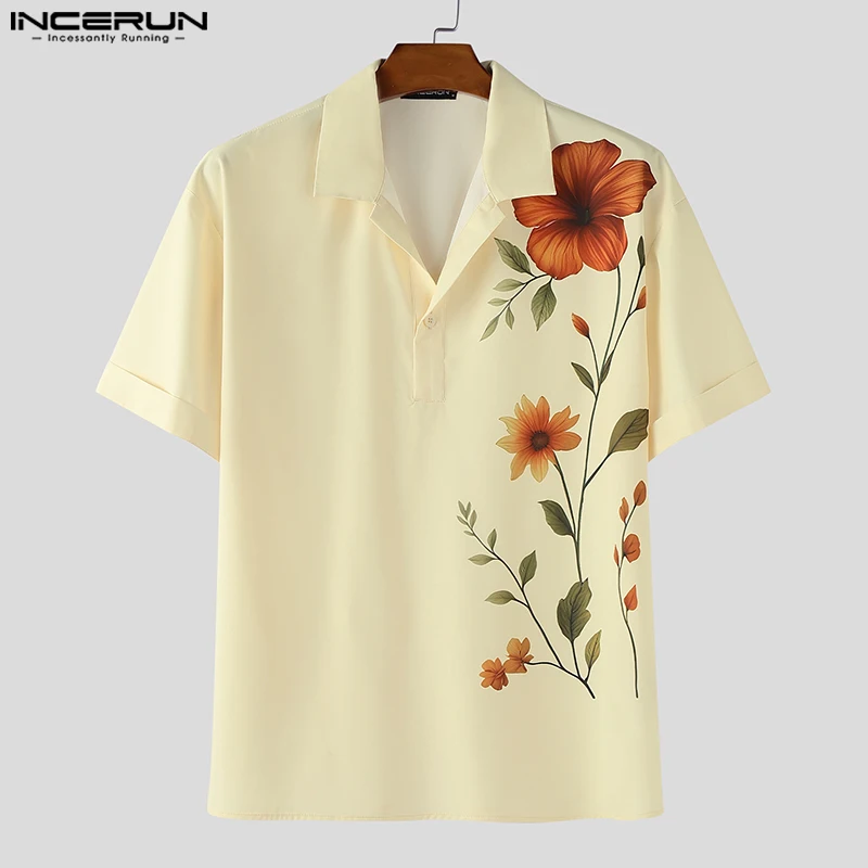 

INCERUN Men Shirt Flower Printing Lapel Short Sleeve Loose Summer Men Clothing Streetwear 2025 Korean Style Fashion Male Tops