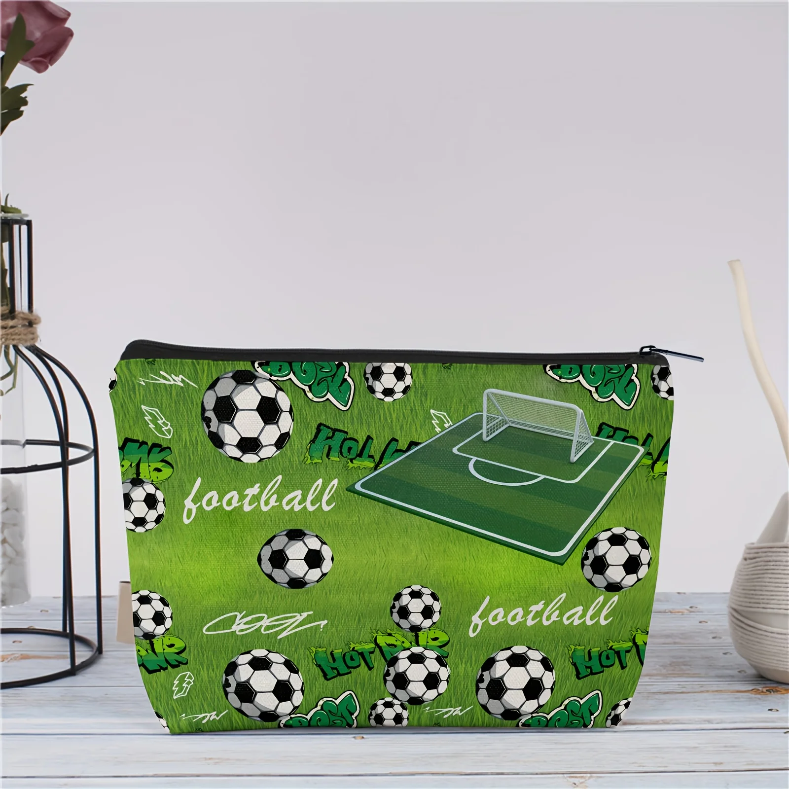 Football Makeup Bag Lightweight Zipper Closure Design Green and Black Football Pattern Portable Travel Bag Zipper Closure Pouch