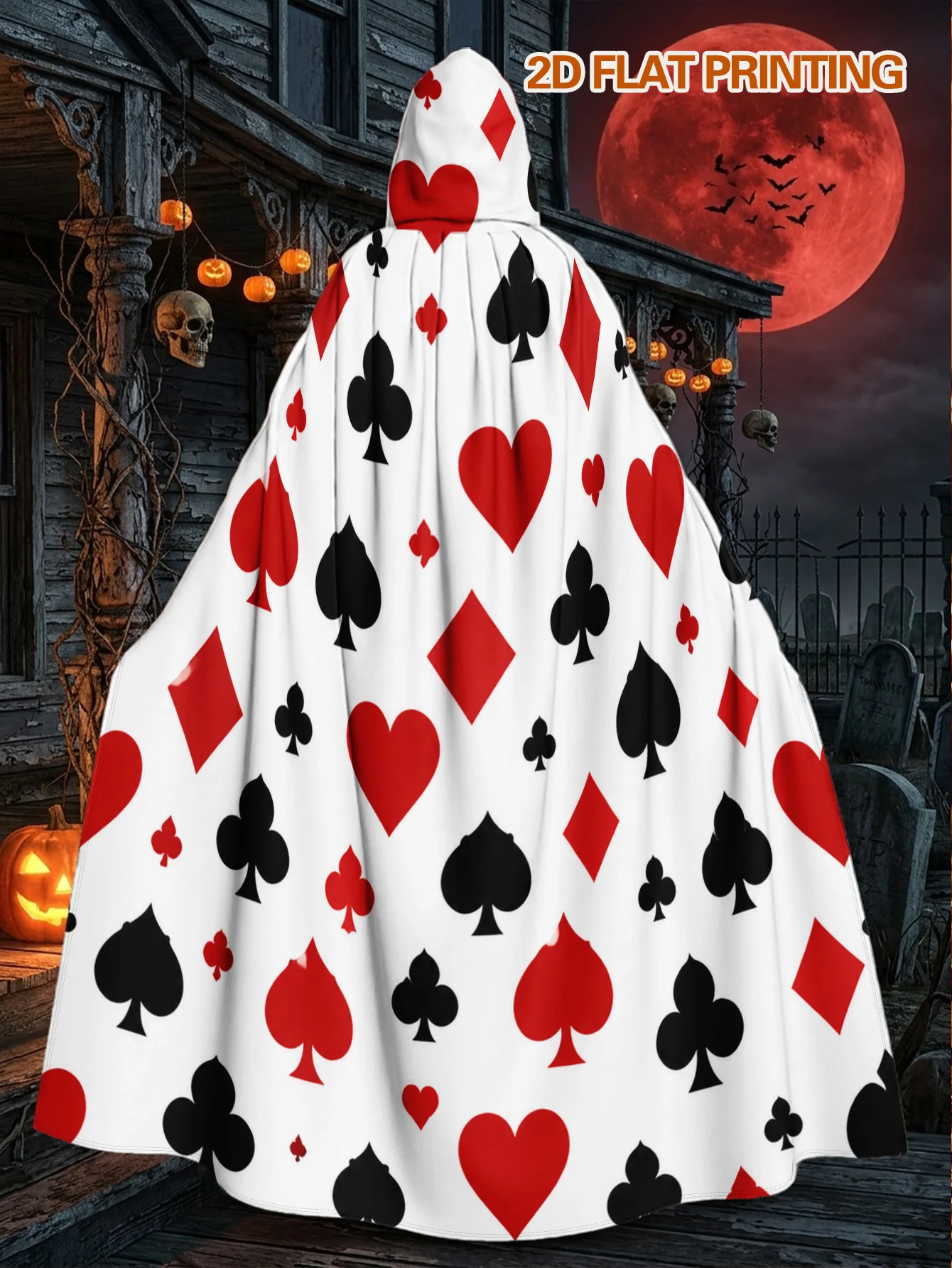 Customization 1pc, Halloween And Christmas Themed Hooded Cape With Flat White Playing Card Symbols Elements, Lightweight Polyest
