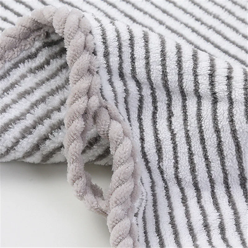 1Pc 34x75cm Bamboo Charcoal Fiber Coral Fleece Water-Absorbent Antibacterial Stripes Dry Hair Wash Hand Towel