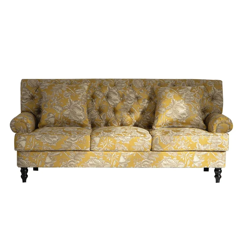 

Retro solid wood living room sofa small apartment high back yellow pastoral pull buckle fabric three-person sofa