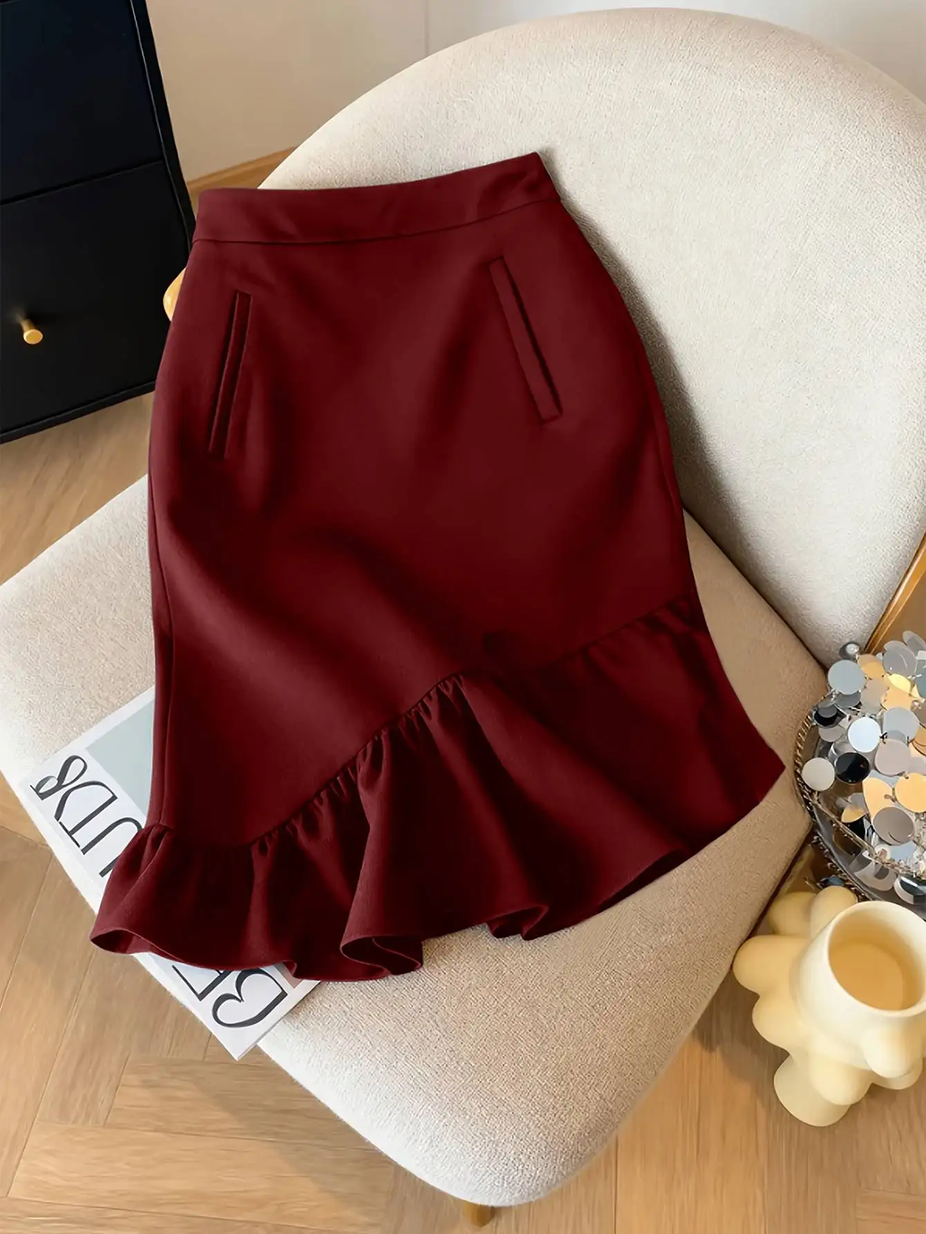 

Women's Burgundy High Waist Ruffle Midi Skirt Bodycon Flounce Hem Elegant Spring Summer Office Work Daily Fashion Skirt