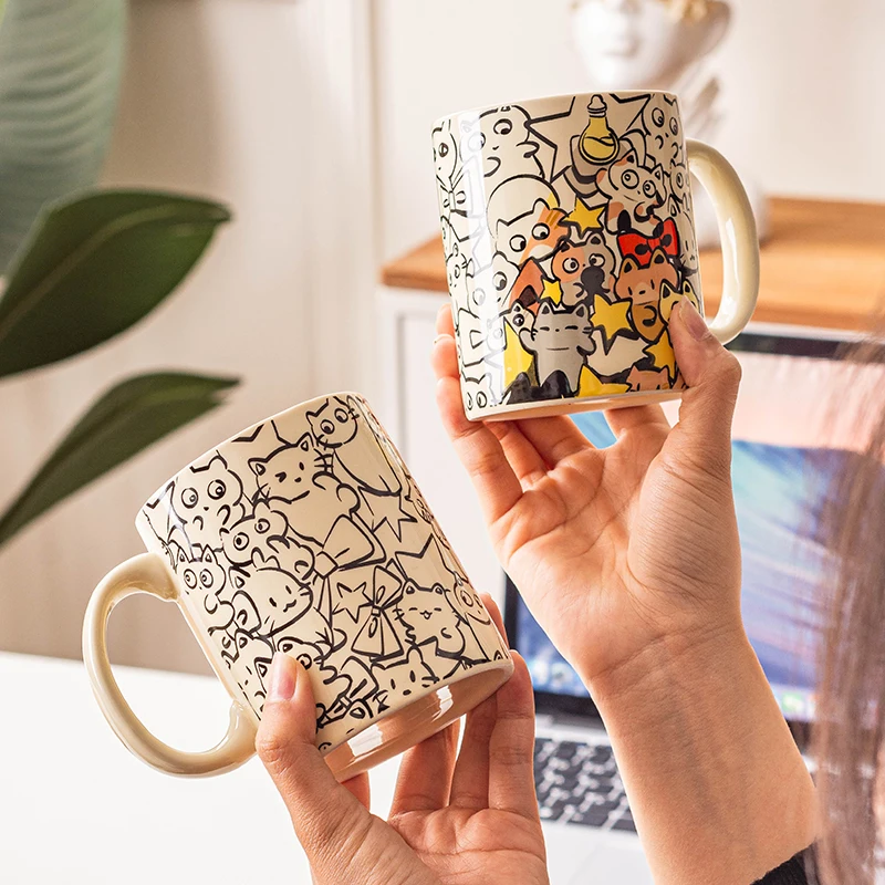 

Creative Graffiti Ceramic Mug Gift Set, Cute Kitten Couple Tea Cup, High Beauty Coffee Mugs with Lid Spoon, Festival Gift Cups