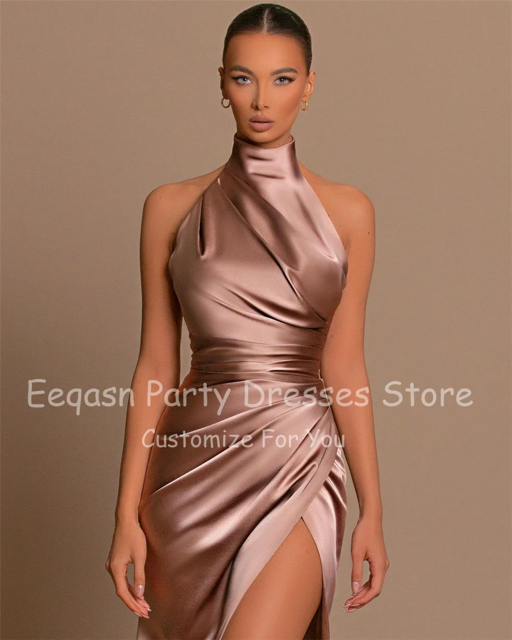 Bafftafe Simple Silk Satin Women Evening Party Dresses Formal Split Prom Gowns Halter Customized Long Special Occasion Dress