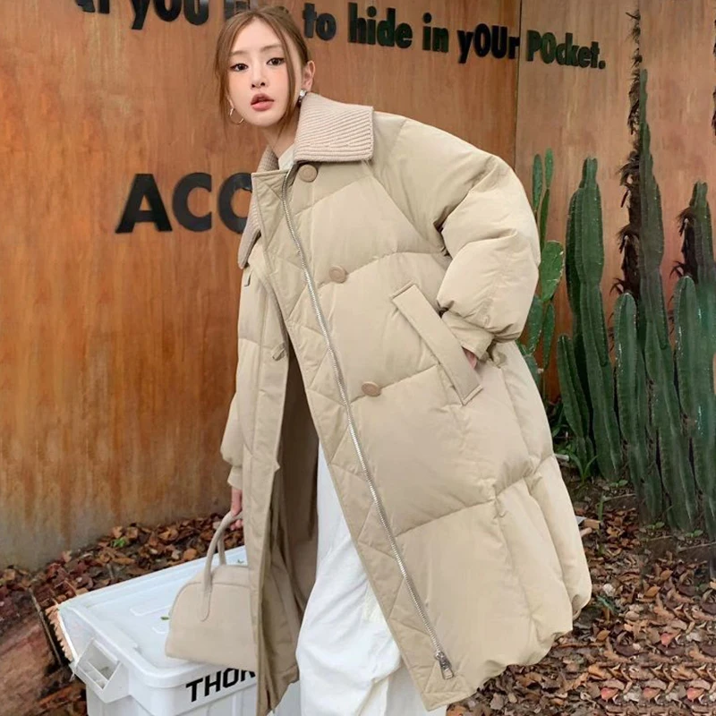 

Fashion Lapel Mid-Length Down Cotton Jacket Women Winter Windproof Warm Zip Up Parkas 2026 Korean Streetwear Long Quilted Coat