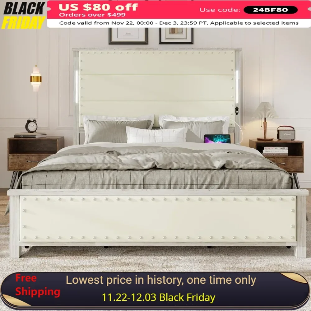 Queen  Size Bed Frame with Linen Upholstered Headboard Iron Platform Bed with Touch Light Belt Built-in Charging Station