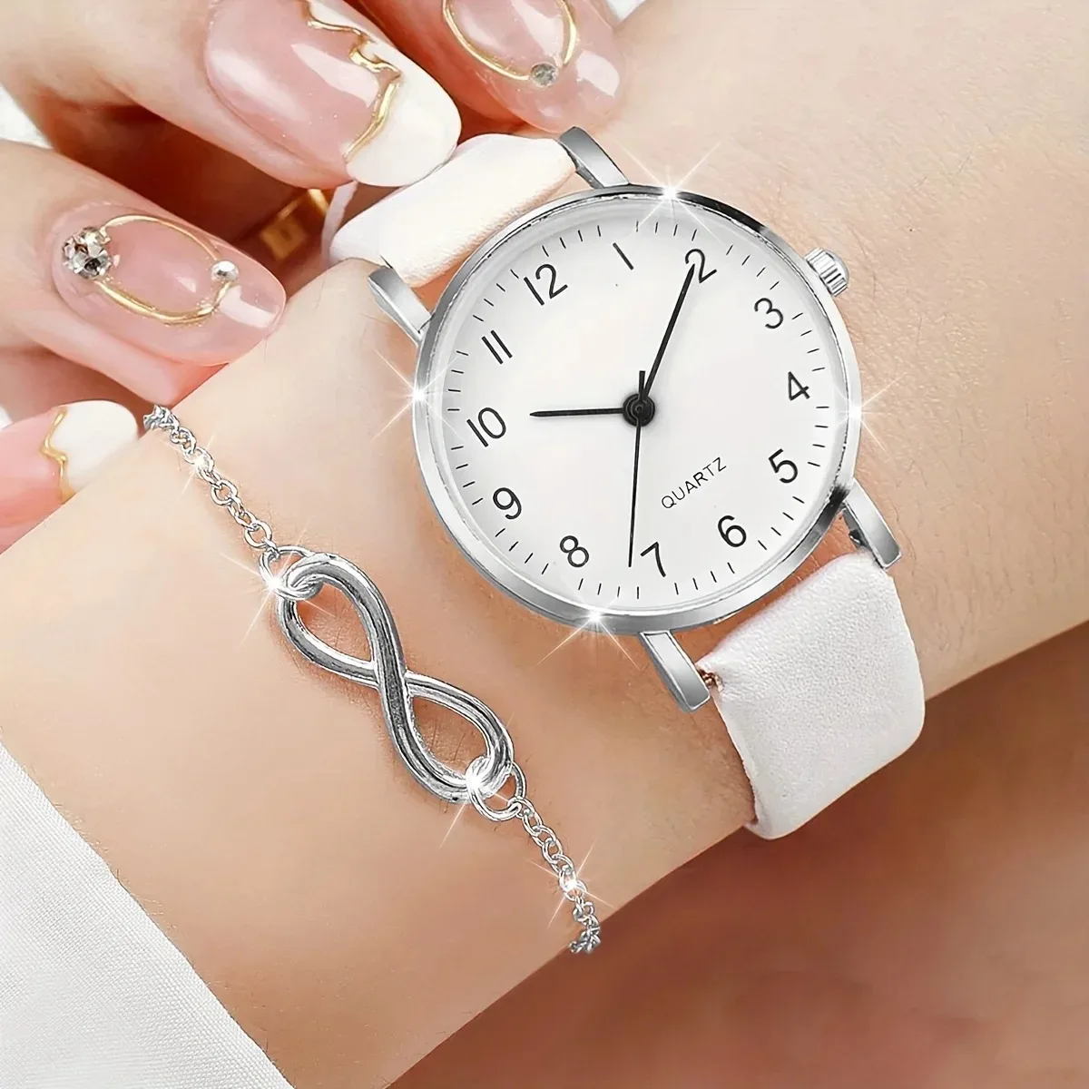 2pcs/set Casual Fashion Quartz Watch Analog PU Leather Wrist Watch & Bracelet, Gifts For Women Her