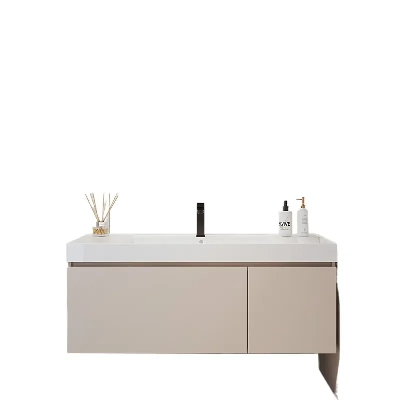 Cream Wall Mounted Bathroom Vanity with Integrated Ceramic Sink Undermount Basin Storage Cabinet Combo for Modern Washroom