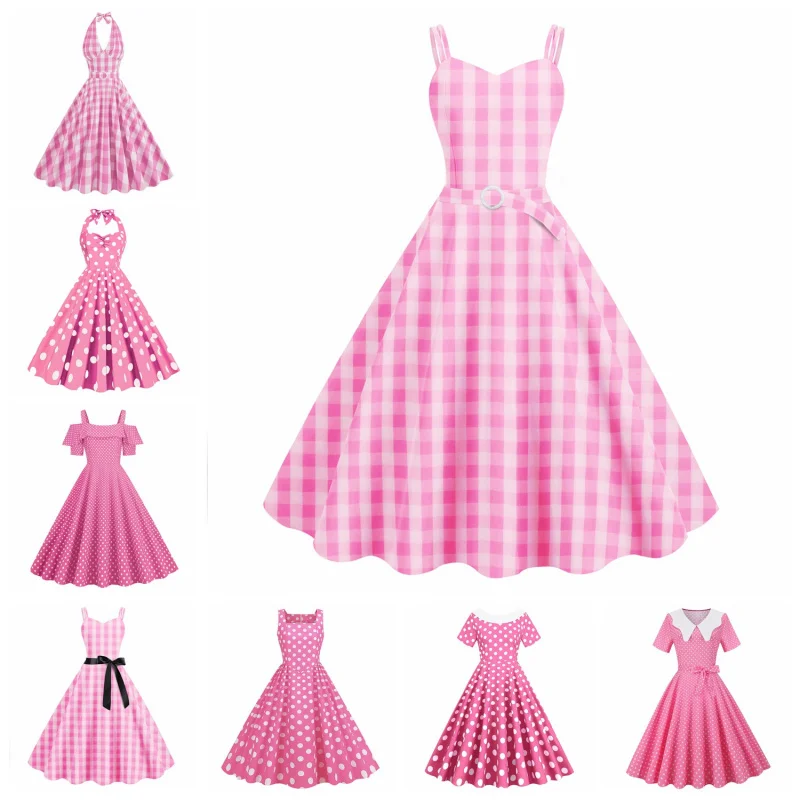 

Popular Real-Life Barbie Pink Series Women's Slim-Fit Plaid Polka Dot Vintage Print Jumpsuit Large Swing Dress