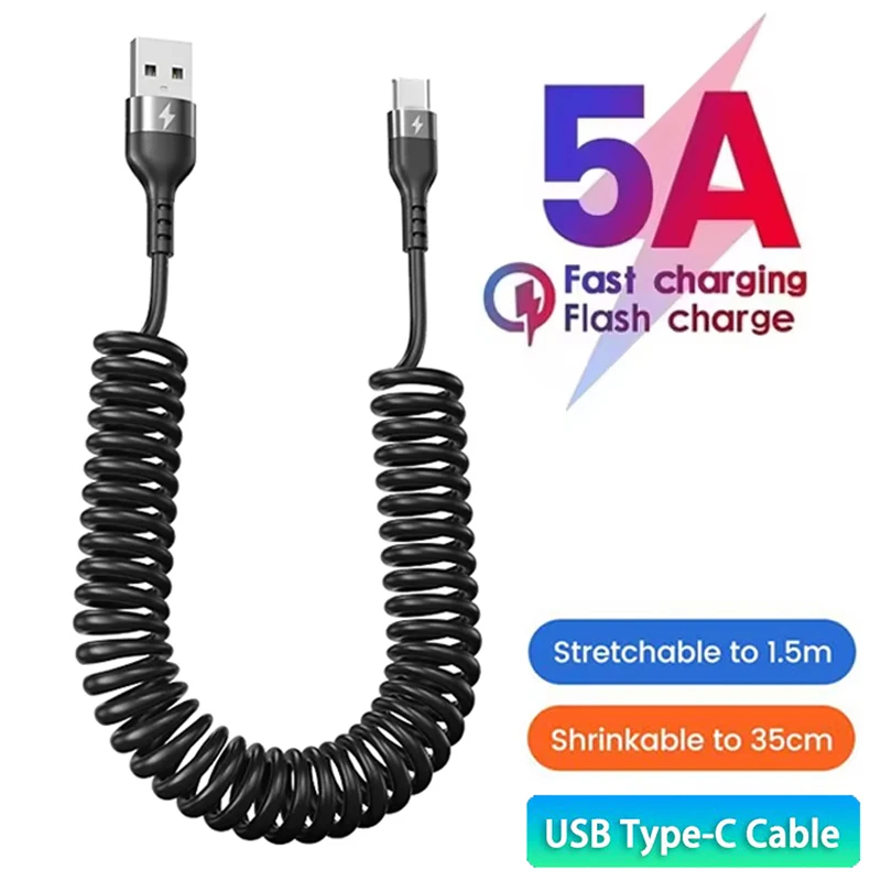 66W 5A Spring Telescopic USB-A To Type C Cable Fast Charging Phone Charger USB Data Cable For Huawei/Xiaomi/Redmi/Realme/Android