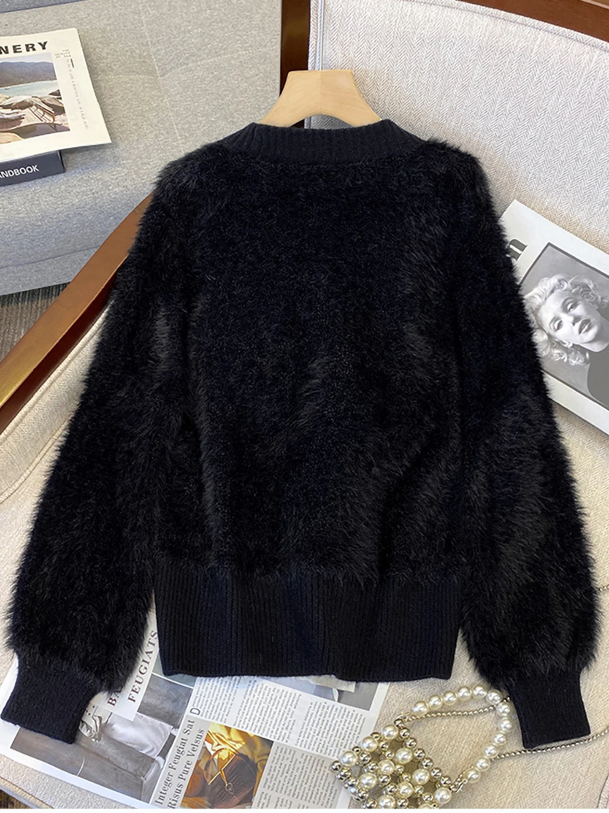 Black V-neck Imitation Mink Sweater Coat Women's Autumn Winter New Oversized Slim Knitted Top Chic Beadding Cardigan Sweaters