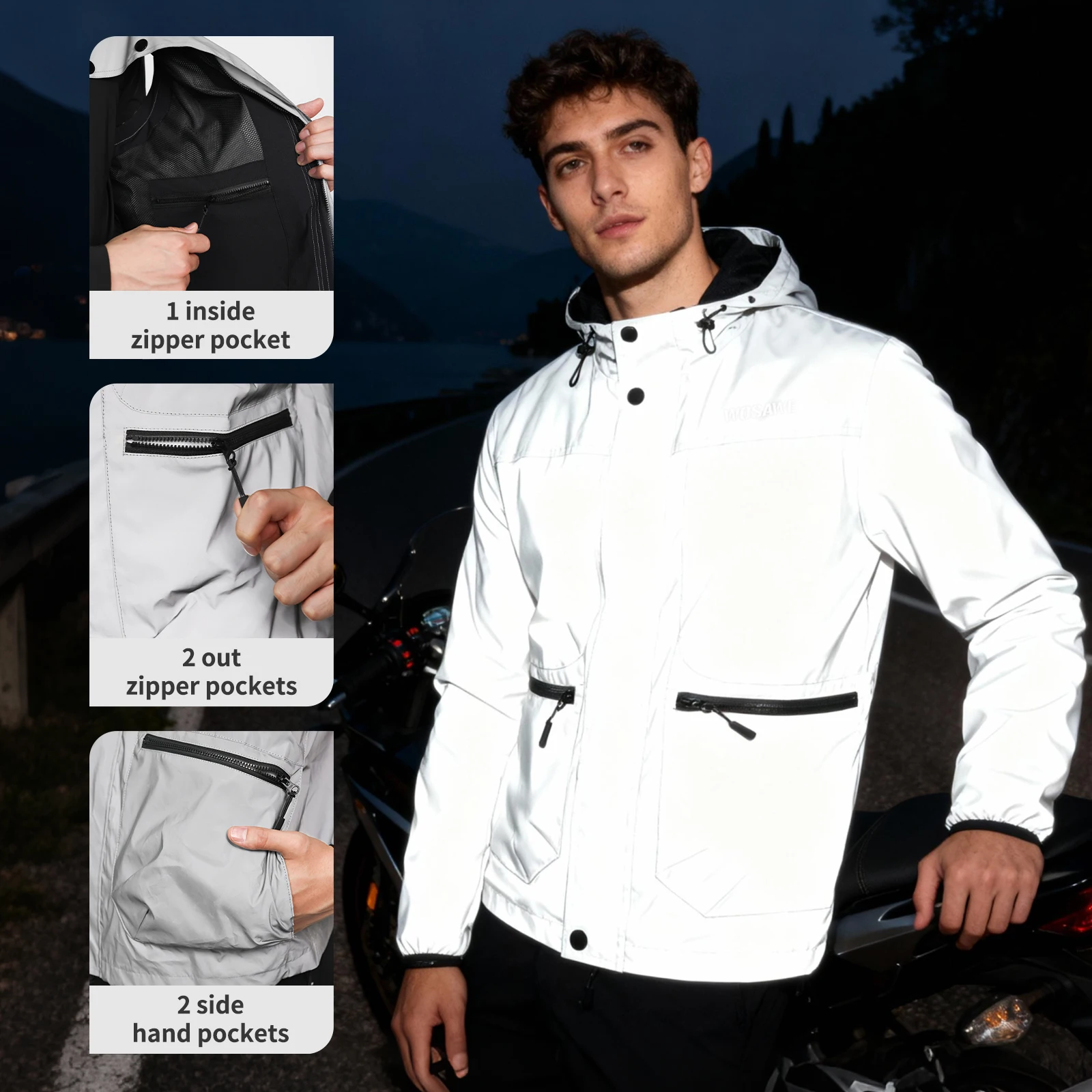 WOSAWE Motorcycle Full Reflective Jacket Men Women Night Shiny Windbreaker Street Riding Hip Hop Loose Hooded Coats with Pockets