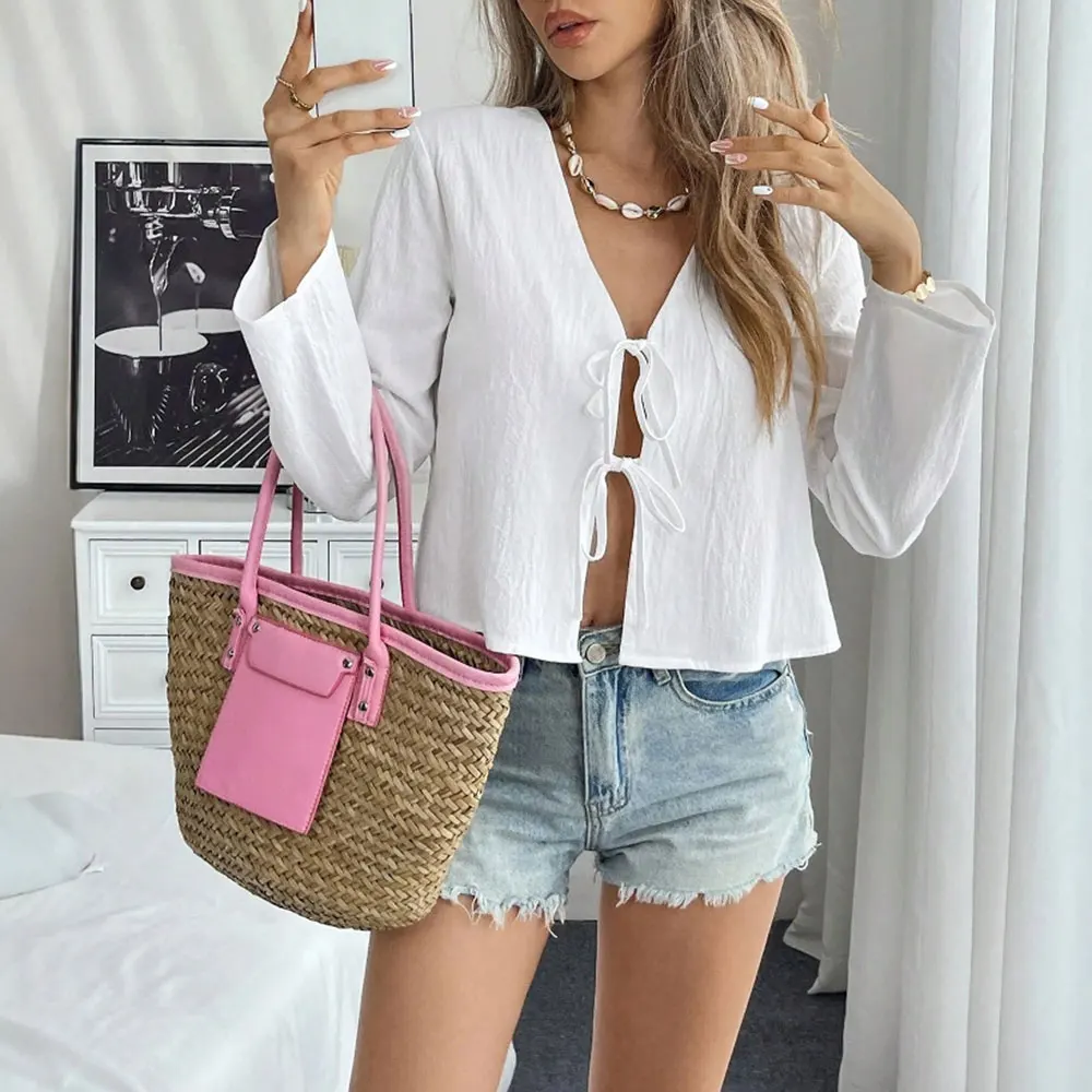 

Mia Muse Boutique 2025 Women's Shirts Autumn Daily Basic Solid Color Long Sleeve V-Neck Lace-Up Open Front Comfortable Shirts