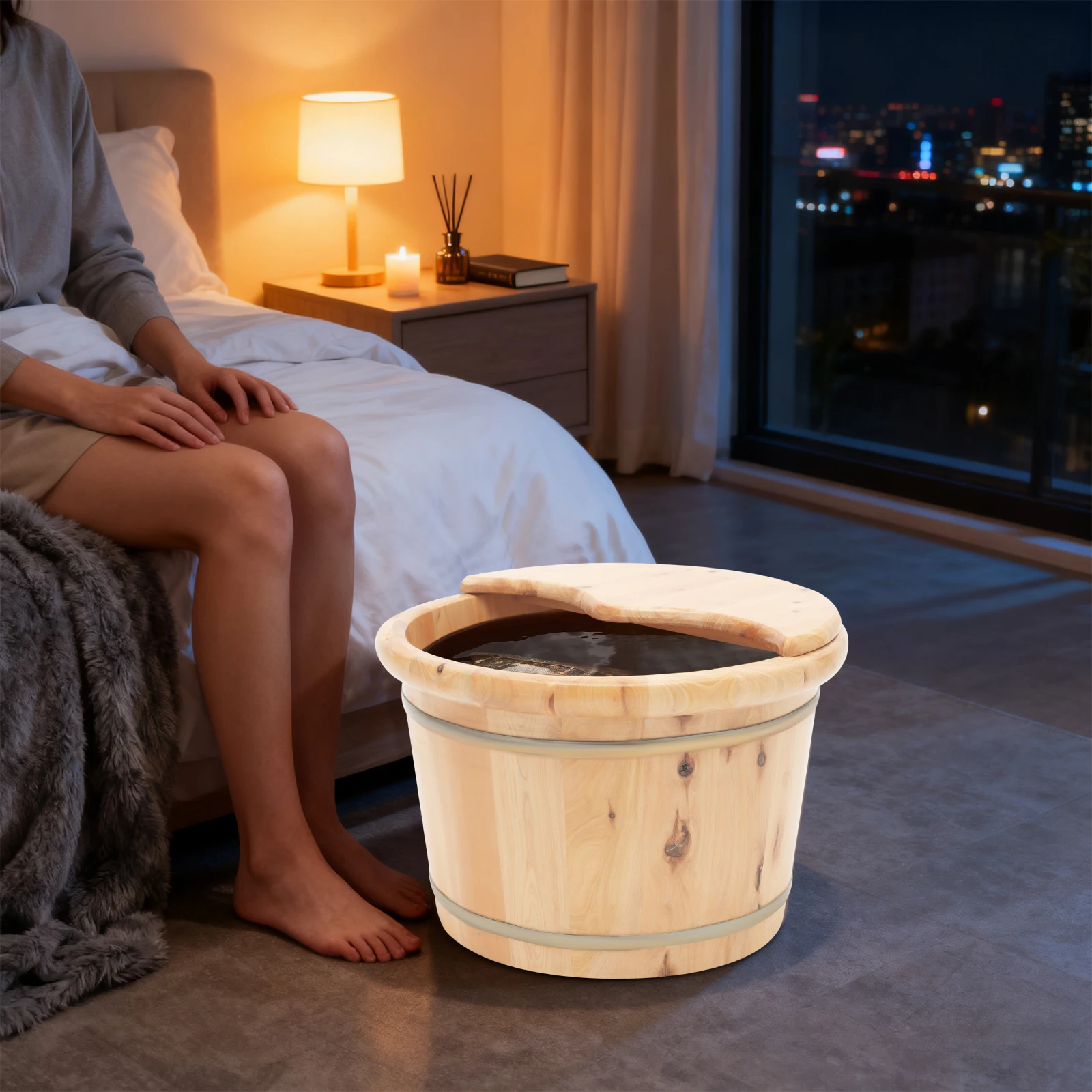 

Cedar Wood Bucket Foot Basin, Foot Bath Bucket With Massage Roller & Lid Heat Preservation Foot Soak Tub For Home Personal Care