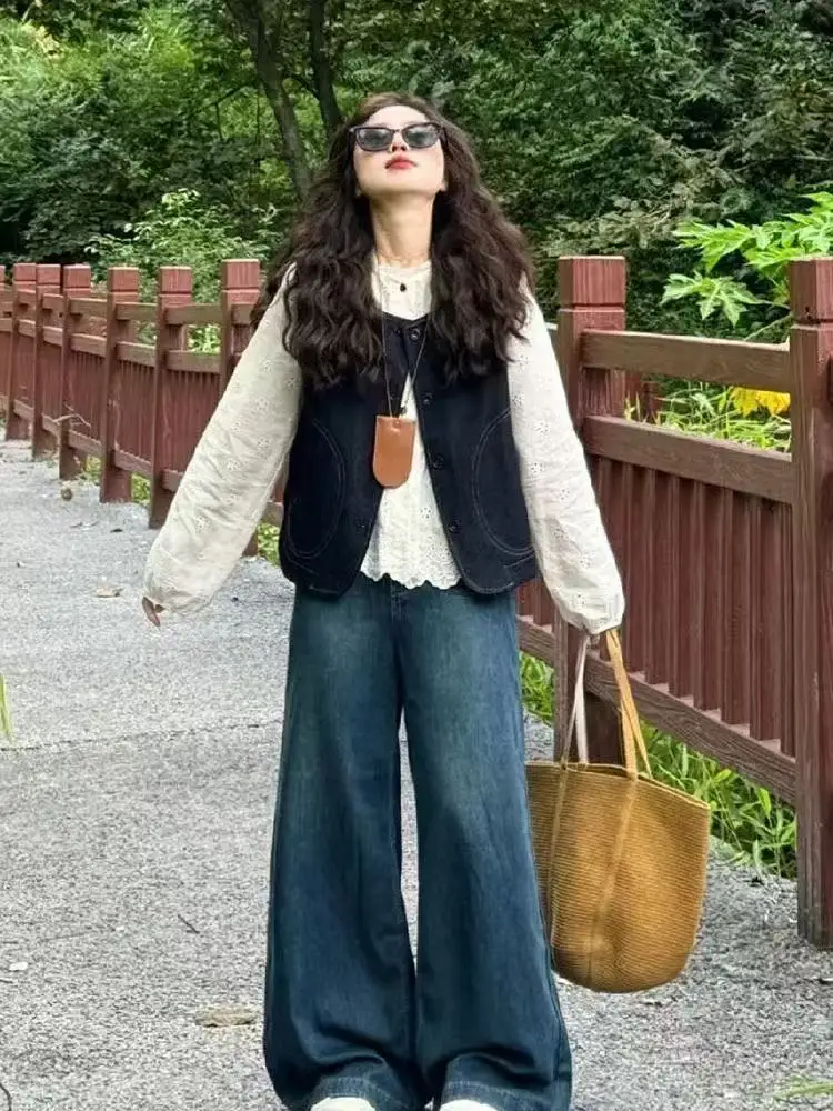 

Women's Autumn Faion Set High Waist Skirt Embroidered Denim Vest irt Tee-Piece Ensemble Korean College Sle Retro