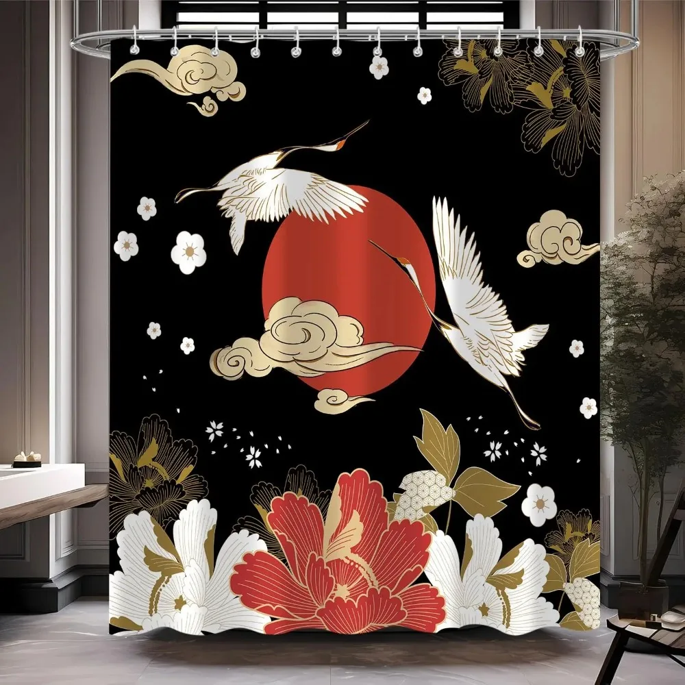 

Japanese Black Gold Pine Tree Shower Curtain, Red Sun Abstract Asian Art Waterproof Fabric Curtain