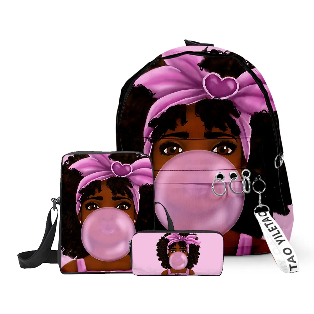 Hip Hop Youthful African girl 3D Print 3pcs/Set Children Pupil Travel bags Key Chain Small Backpack Shoulder Bag Pencil Case